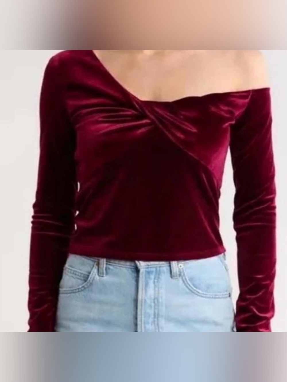NWOT- Elodie Velvet Front Twist Off-Shoulder Long Sleeve, Burgundy, Size XL